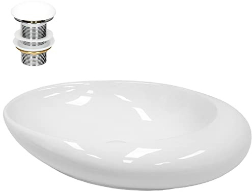 LuxeBath Waschbecken Keramik 585x375x145 mm oval Weiß mit Ablaufgarnitur Weiß, Kieselstein Form, Aufsatzwaschbecken für Badezimmer/Gäste-WC, Modernes Aufsatzbecken, Waschtisch Waschschale Waschplatz