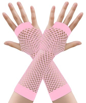 TECDW 2 Paar Fingerlose Netzhandschuhe Damen, Elastische Atmungsaktive Fischnetz-Handschuhe, Netz Armstulpen für Cosplay, Weihnachtskostümpartys und Bühnenoutfits(Lang, Pink)