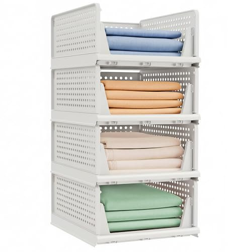SONGMICS Organisateur d’Armoire Pliable, Lot de 4, Tiroir Coulissant Empilable, Panier, Étagère de Rangement, en Plastique, pour Chambre, Bureau, Salle de Bain, Blanc LPC400WZ01