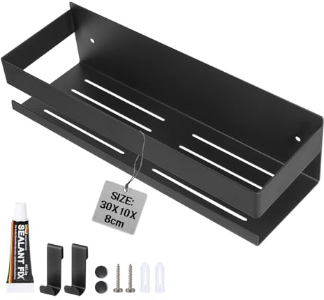 EXLECO Duschablage Ohne Bohren 30CM, Duschregal Wand Edelstahl Badregal mit 2 beweglichen Haken Duschkorb Selbstklebende Badezimmer Regal Badezimmer Aufbewahrung für Shampoo und Duschgel Schwarz