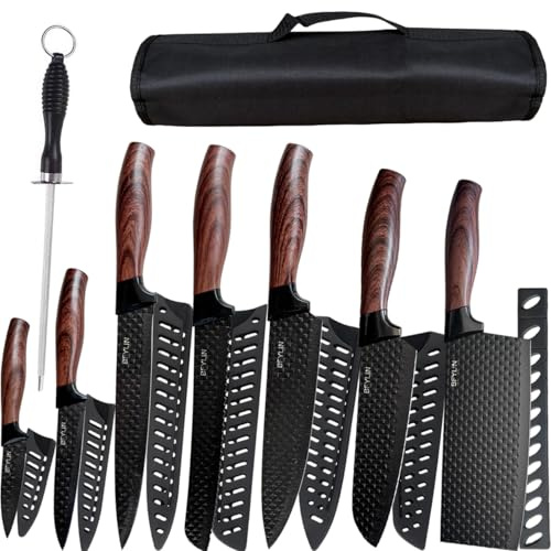 BFYLIN 8 Stücke Messer Set Mit Tasche,Küchen Messerset,Kochmesser,Santoku Messer,Gemüsemesser,Schälmesser,Scharfe Messer Edelstahl,Antihaftbeschichtete,PE-Griffe