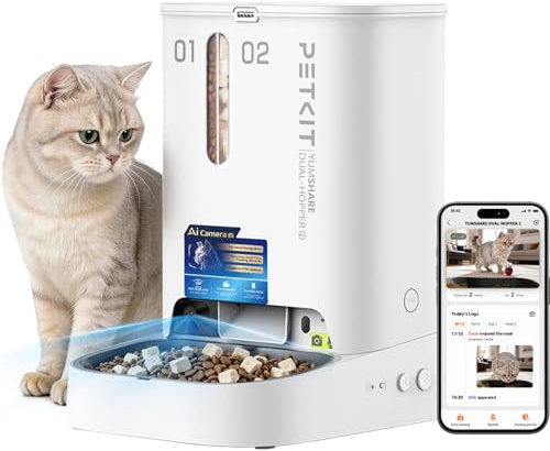 PETKIT YumShare Dual-Hopper 2, Distributore Automatico di Cibo per Gatti e Cani con Telecamera HD 1080p, Riconoscimento Multiplo Gatti, Funzioni AI, Capacità 5L, Wi-Fi 2.4 GHz e 5 GHz