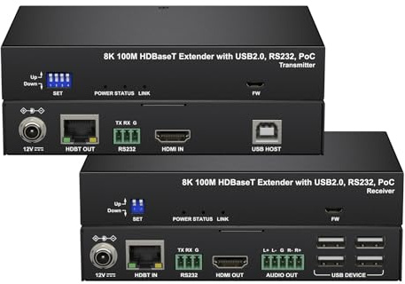 FOURKAY HDMI USB KVM over CAT6 Extender 4K120 100m, Audio Extraction, PoC | KVM Extender Kit with 100m Range. 8K30 / 4K120 / 1080@240Hz, USB2.0, HDR, Dolby Atmos, VRR, KVM8K100E-P
