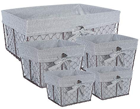 DII Farmhouse Chicken Wire Storage Baskets with Liner, Set of 5, Rustic Ticking Stripe, Assorted Sizes