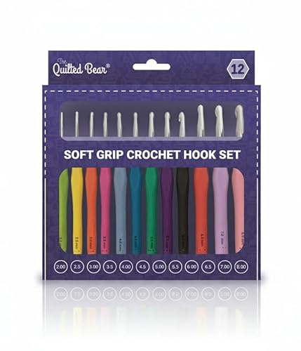 The Quilted Bear Crochet Hooks Set - 12 Piece Ergonomic Soft Grip Silicone Rubber Handle Crochet Hook Set Knitting Accessories (2mm, 2.5mm, 3mm, 3.5mm, 4mm, 4.5mm, 5mm, 5.5mm, 6mm, 6.5mm, 7mm & 8mm)