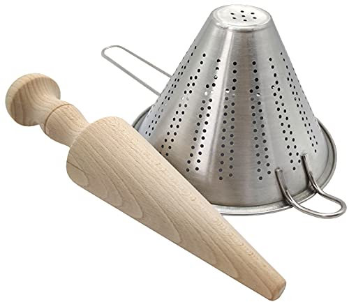 Set de Colador Chino de Acero Inoxidable y Mano de Mortero Chino de Madera de Haya - Utensilios Cocina - Puré, Kefir, Caldos, Salsas, Cremas, Puré de Verduras - Pasapuré (Colador 14cm + Mortero 27cm)