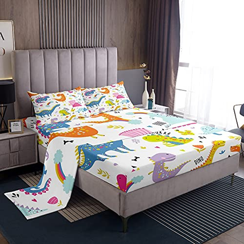 Set di lenzuola con dinosauro carino cartone animato giungla animali biancheria da letto lenzuolo con angoli colorato fauna selvatica copertura letto camera da letto 4 pezzi biancheria da letto