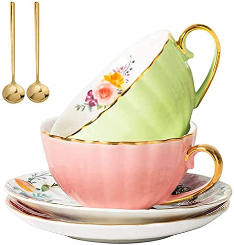 YBK Tech Porcelain Cup and Saucer Set, Vintage Teacup with Gold Edges, 6.8oz Espresso Cups, Set of 2 (Light Pink and Light Green)