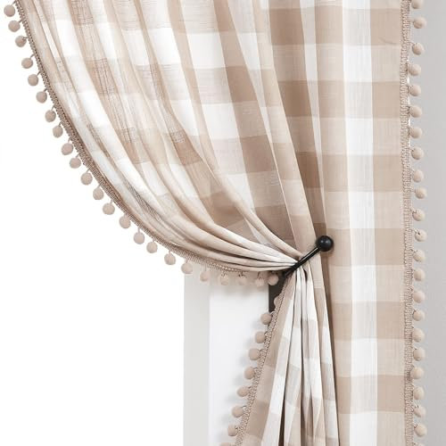 Taupe Pom Pom Curtains for Living Room Tan and White Buffalo Check Pattern Semi Sheer Curtains Light Filtering Linen Textured Window Panels for Office Hotel, Pencil Pleat, Tan, 40 x 90, Set of 2