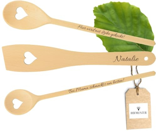 HOFMEISTER® Koch-Set Herz 3-teilig mit Gravur – 2 Kochlöffel und 1 Pfannenwender aus Buchenholz mit Herzmotiv, 30 cm, Handarbeit (1 Set)