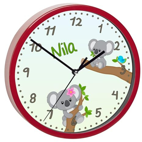 CreaDesign, Wanduhr Kinder personalisiert mit Name, Motiv Koala Bär Mädchen, Rahmen Wanduhr rot, Ø 19,5 cm