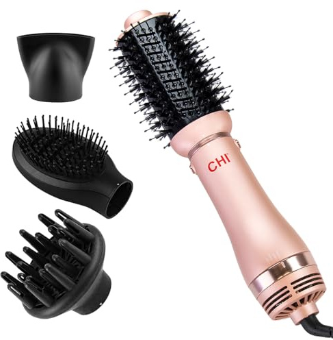 CHI Volumizer 4-in-1 Blowout Brush, Hair Dryer for Smooth, Silky & Shiny Hair, Four Interchangeable Attachments for Versatile Styling, Rose Gold