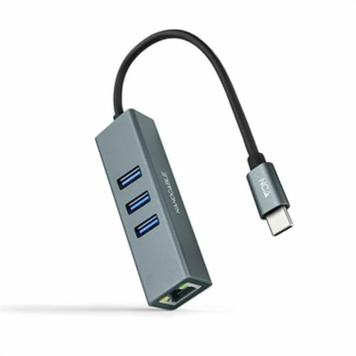 NANOCABLE 10.03.0408 - Conversor USB-C a Ethernet Gigabit + 3XUSB 3.0, Aluminio, Gris, 15 cm