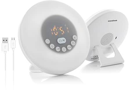 InnovaGoods Reloj Despertador Recargable Sunrise, Blanco, Estandar (Altavoz Bluetooth, 12 Sonidos predefinidos, lámpara de Mesa Multicolor, LED RGB, Carga USB)
