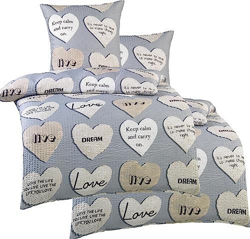KH-Haushaltshandel 4-TLG. Seersucker Bettwäsche 2X 135x200 +80x80cm, grau, Herzen, Schriftzüge, bügelfrei, Microfaser(W401260)