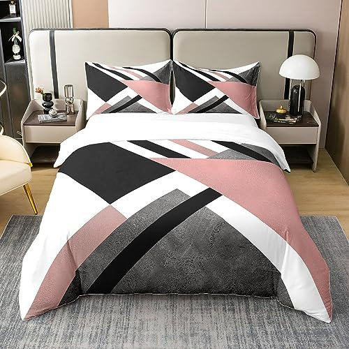 richhome Unregelmäßiges geometrisches Muster 100% Bio-Baumwolle Bettbezug Set Schwarz Weiß Rosa Tröster Cover Set Abstrakte geometrische Kunst Bettwäsche Set 200x200