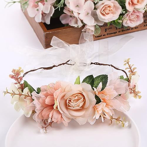 Blumenkranz Haare Haarkranz Blumen Haarreif, Blumenmädchen Stirnbänder Kopfschmuck Floral Girlande Blumenstirnband Verstellbarer Gürtel für Hochzeit Zeremonie Party Festival,Champagner B