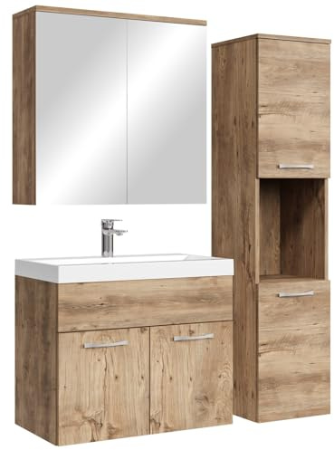 Badplaats B.V. Badezimmer Badmöbel Set Montreal mit Spiegelschrank 60cm Waschbecken Eiche Kastanie - Unterschrank Hochschrank Waschtisch Möbel