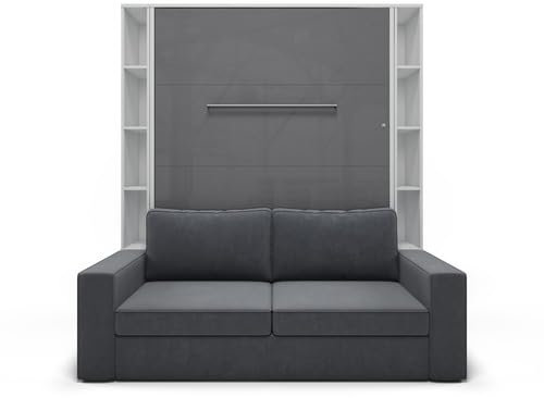 MAXIMAHOUSE Schrankbett vertikal mit Sofa und 2 Regalen, Invento LED 140V mit Lattenrost aus Holz, Wandklappbett 140x200 modern Concept und Design (Weiß/Grau Glanz + graues Sofa + Regalen)