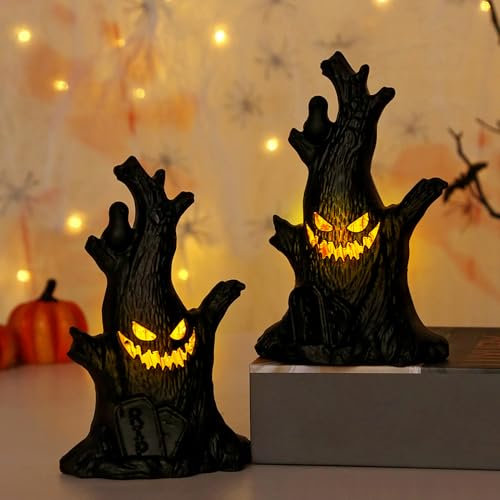 Lot de 2 figurines de fantômes décoratives d'Halloween avec lumière LED - Fantômes d'Halloween - Lumineux - LED - Fantômes - Souche d'arbre à piles - Pour décoration d'Halloween, de fête (x 2)