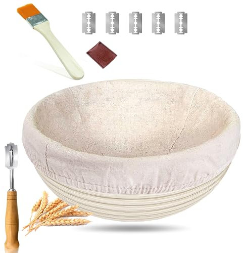 DeJivsin Set di cestini per la lievitazione, rotondi, 23 cm, per la fermentazione, in rattan naturale, spazzola, coltello per il pane, panno di lino, cestino per il pane, set per la cottura del pane