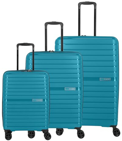 Travelite resväska med 4 hjul, 3 delar, storlekar L/M/S, bagage-serie: Hårt skal med TSA-kombinationslås (handbagage, resväska utan TSA), bensin, Trolley Set L/M/S, Trolley med hårt skal med 4 hjul