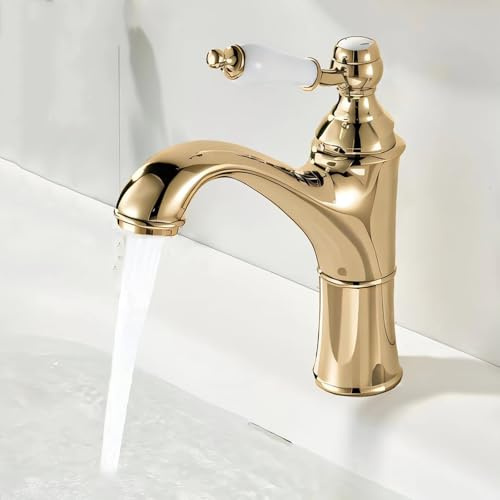 Wasserhahn Waschbecken für Badezimmer Waschtischarmatur Wasserhahn Bad für Waschbecken Retro Messing Mischbatterie Bad Einhebel Waschtischarmatur 1 Loch Warm und Kalt Gold