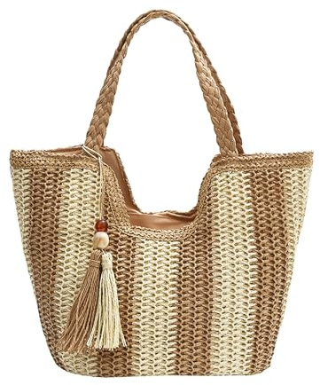 Long Keeper Stroh Strandtasche für Damen Sommer Gewebte Tragetaschen mit Reißverschluss Grosse Boho Stroh Umhängetasche für Reisen Urlaub Einkaufen Picknick (Khaki)