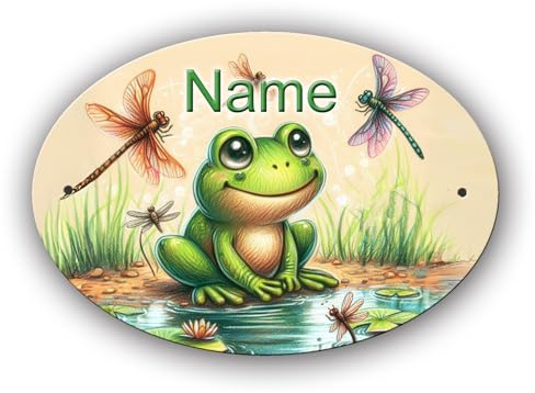 Maus-Design Türschild personalisiert mit Name und Schriftartwahl, Frosch | Kunststoff, Oval, 12,7 x 8,8 x 0,2 cm, 2 Bohrungen