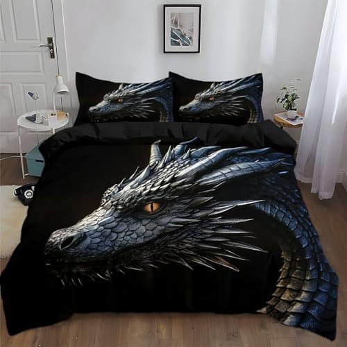 Srigzcaly Housse de Couette 90x190 cm Réversible Fantaisie Dragon Écailles Argent Manga Noir, Parure de Lit 1 Personne en Microfibre Douce avec Fermeture Éclair et 2 Taies d'oreiller 65x65 cm