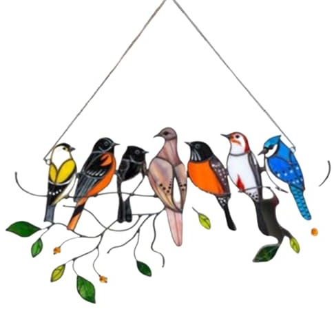 Multicolor Birds on a Wire High Stained Garden Suncatcher Birds Ornaments, Window Suncatchers Hanging Ornament, for Outdoor Garden Home Window Fence Decorations