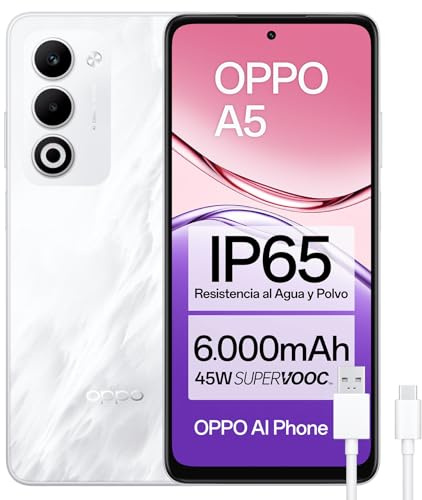 OPPO A5 - Smartphone Libre con IA, 6GB RAM + 128GB, Pantalla 6.67 90Hz, Cámara 50MP, Batería 6000, Carga Rápida 45W, Versión Española – Blanco