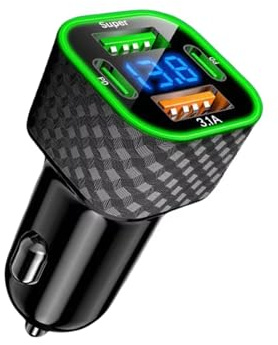 Cargadores de coche súper rápidos de 4 puertos, 380 W, monitor eléctrico digital, adaptador de vehículo de doble puerto para vehículos de 12 V/24 V, cargadores de coche de múltiples puertos con
