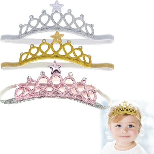 DIFLAX 3 diademas para bebé, corona de princesa, diadema para bebé, accesorios para niñas, cumpleaños, fiestas, suave, algodón, elástico, bonito (dorado, plateado, rosa)
