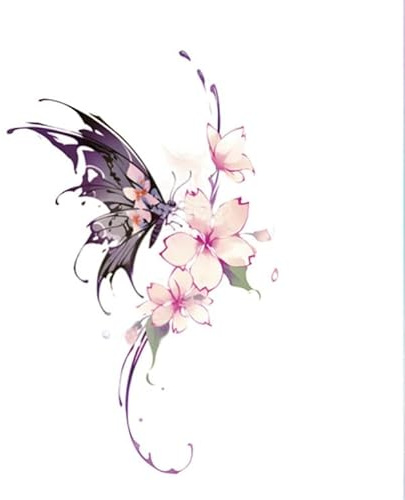 Temporary Tattoos For Adult 2 Pcs Of Cherry Blossom Butterfly Color Waterproof Long-Lasting Female Chest Clavicle Small Fresh Half Butterfly Small Picture Large Picture Stickers Fake Tattoos