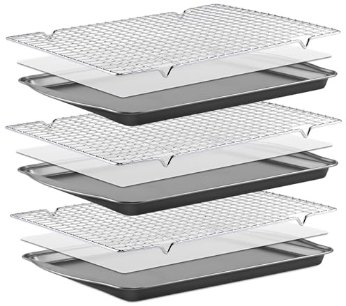 BEWOS Baking Sheet Pans With Racks Set - Including 17.6 × 12 × 1.26 Inch Carbon Steel Baking Sheet, Set of 106 (3 Sheets + 3 Cooling Racks + 100 Parchment Paper), Nonstick Bakeware sets for Baking