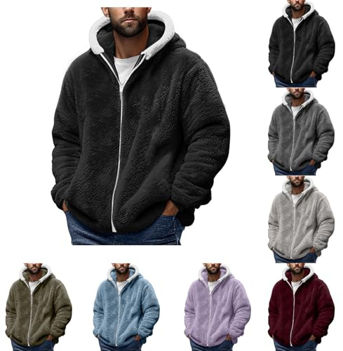 Générique Veste Polaire Homme Blousons en Peluche Chaud Doux Manteau Teddy Fleece Double Face Hoodie avec Fermeture Éclair Cardigan Couleur Unie Outerwear à Manches Longue Vêtements 001 Noir XXL
