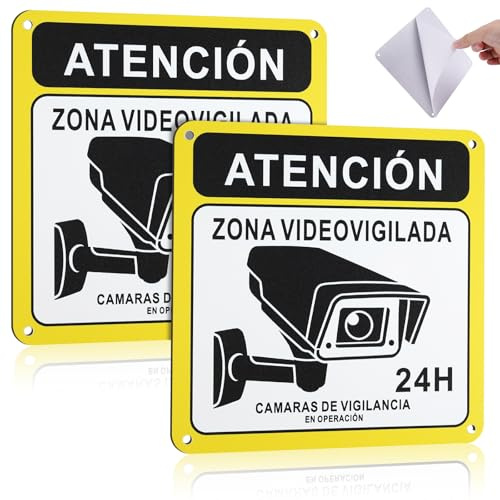 2 Piezas Cartel Videovigilancia de Aluminio Reflectante 15x15cm, Señal Adhesiva Videovigilancia, Cartel Zona Videovigilada, Grosor 0.8 mm, con Autoadhesivo y Agujeros Pretaladrados