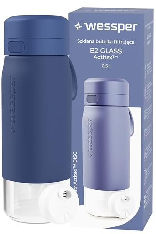 Wessper Gourde Filtrante, 500 ml, Gourde en Verre Borosilicaté, avec FIltre Actitex DISC, Compteur de Femplacement du filtre a eau Intégré, Réduit le Chlore, BPA FREE - Bleu