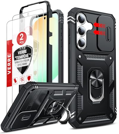 LeYi Cover per Samsung S25 FE 5G con Vetro Temperato [2 Pack],Custodia per Samsung Galaxy S25FE con Protezione Fotocamera [Slidable] Antiurto Grado Militare 360° Anello Supporto TPU Bumper Case, Nero