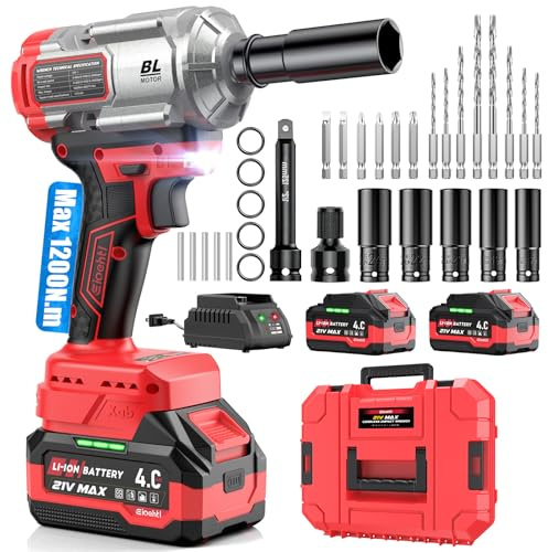 Eioehtl Cordless Impact Wrench 1200Nm, Impact Driver & Impact Drill 1/2 Brushless Power Tool with 2×4.0Ah Batteries, 5 Sockets, 8 Drill Bits, 5 Driver Bits, Extension Bar & Adapter for Car, Van & DIY