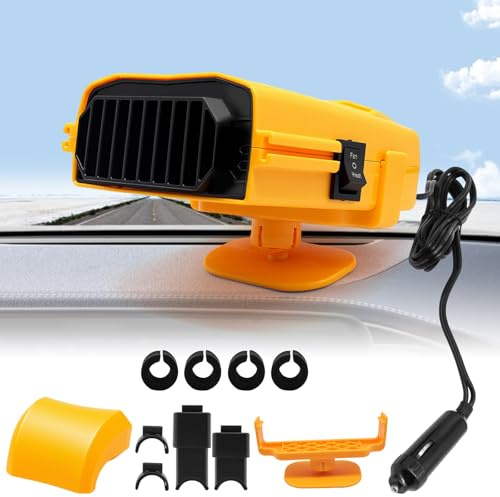 HASAIKA® Calefactor Coche Portátil, 2 en 1 Calefactor para Coche, Calentador de Coche, 12V 150W giratoria de 360° Calefacción Portátil para Coche/SUV/Furgoneta, Amarillo
