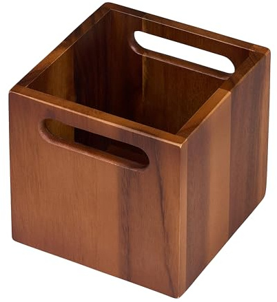 Tala Lacquered Acacia Square Cutlery Box with 2 Carry Handles, Wooden Utensil Holder 14.5x14.5x14.5cm, Durable, Stylish & Compact, Ideal for Organising Cutlery, Napkins & Table Accessories