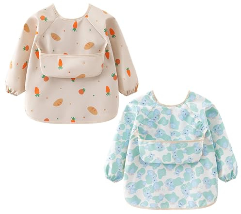 Astralong 2 st långärmade haklappar, anti-mess långärmad haklapp, unisex haklapp för barn, lätt att rengöra, långärmade babyhaklappar, vattentäta och 2–4 år,