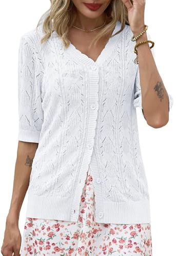 Lovasy Cardigan con Bottoni Donna a Maniche Corte Giacca in Maglia Elegante Curvy Golfino con Scollo a V Aperto Davanti Pullover Leggero ed Traspirante,A-Bianco,M