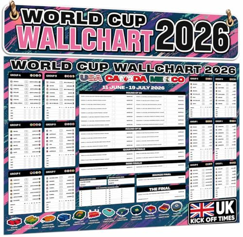 Carte murale de la Coupe du monde de football 2026 – Grand poster A1 – Planificateur mural comprenant tous les jours de match, les heures de lancement du Royaume-Uni, les chaînes de télévision et les
