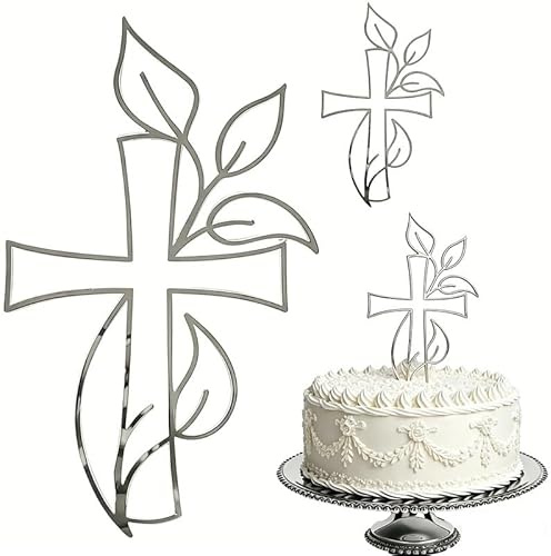 Gemejutor Cake Topper Cruz Reflectante (2 Piezas, Plata) - Acrílico Apto para Alimentos, 10x17.5cm, para comunión, Bautizo y Celebraciones religiosas