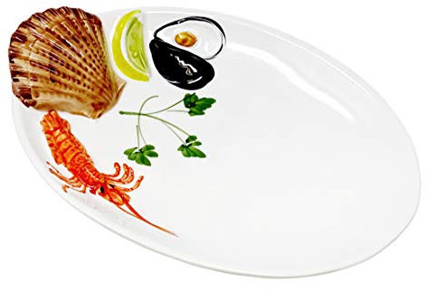 Lashuma Handgemachte Ovale Servierplatte aus Italienischer Keramik im Meeresfrüchte Design, Servierteller 26x18 cm