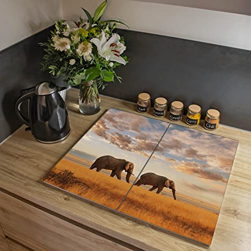 banjado Herdabdeckplatte Glas 2-teilig 60x52 cm, Kochfeld Abdeckung und Schneidebrett Ceranfeld aus gehärtetem Glas, pflegeleichter Spritzschutz Tiere allgemein mit Motiv Elefanten