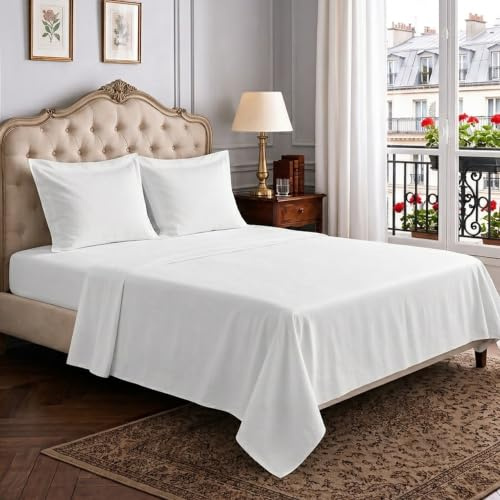 Pizuna Coton Parure de Lit 180x200 cm Blanc 400 Fils | Tissu de Satin de Coton Longue durée Comprend 1 Drap Housse, 1 Drap Plat & 2 Taies D'oreiler